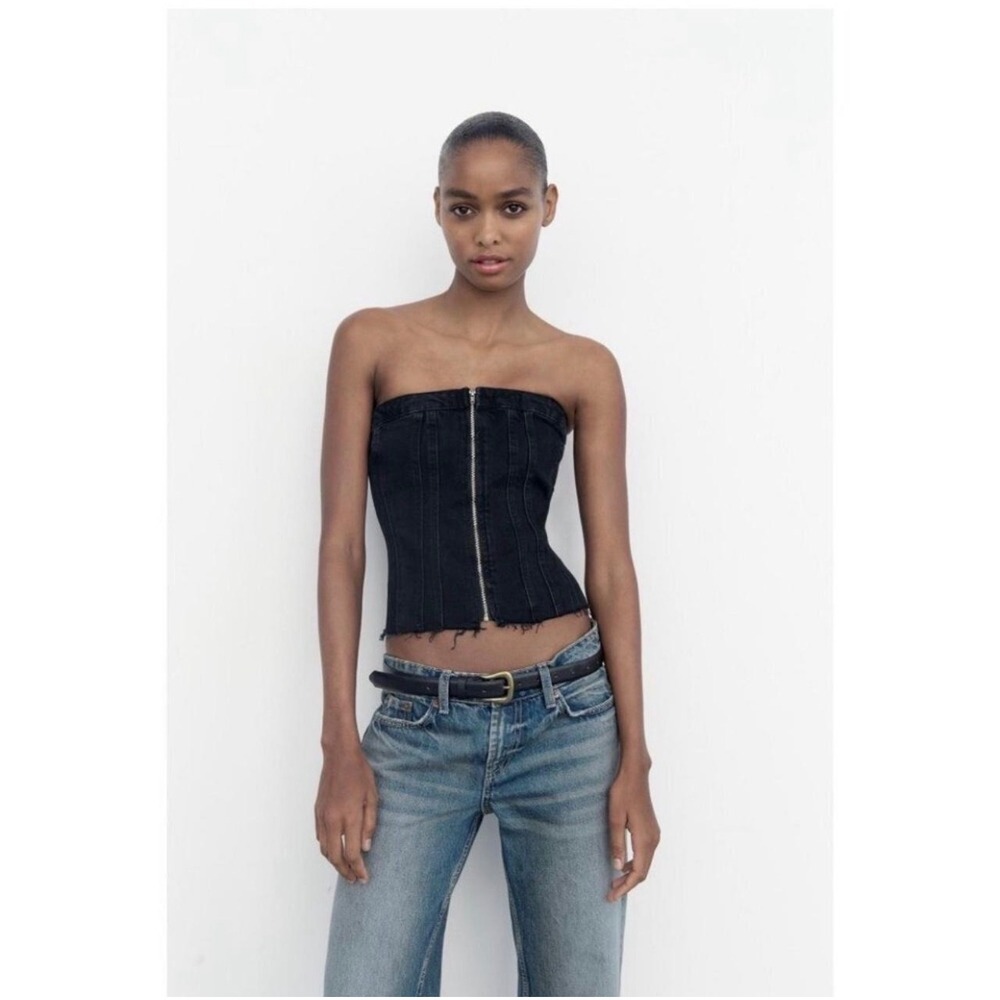 Zara Black Denim Corset Tube Top Front Zip Frayed Hem Smocked Back Small
